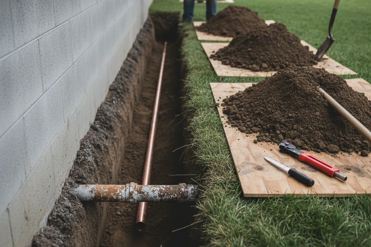 Excavated water line trench during Water Softener Installation in Wilbur